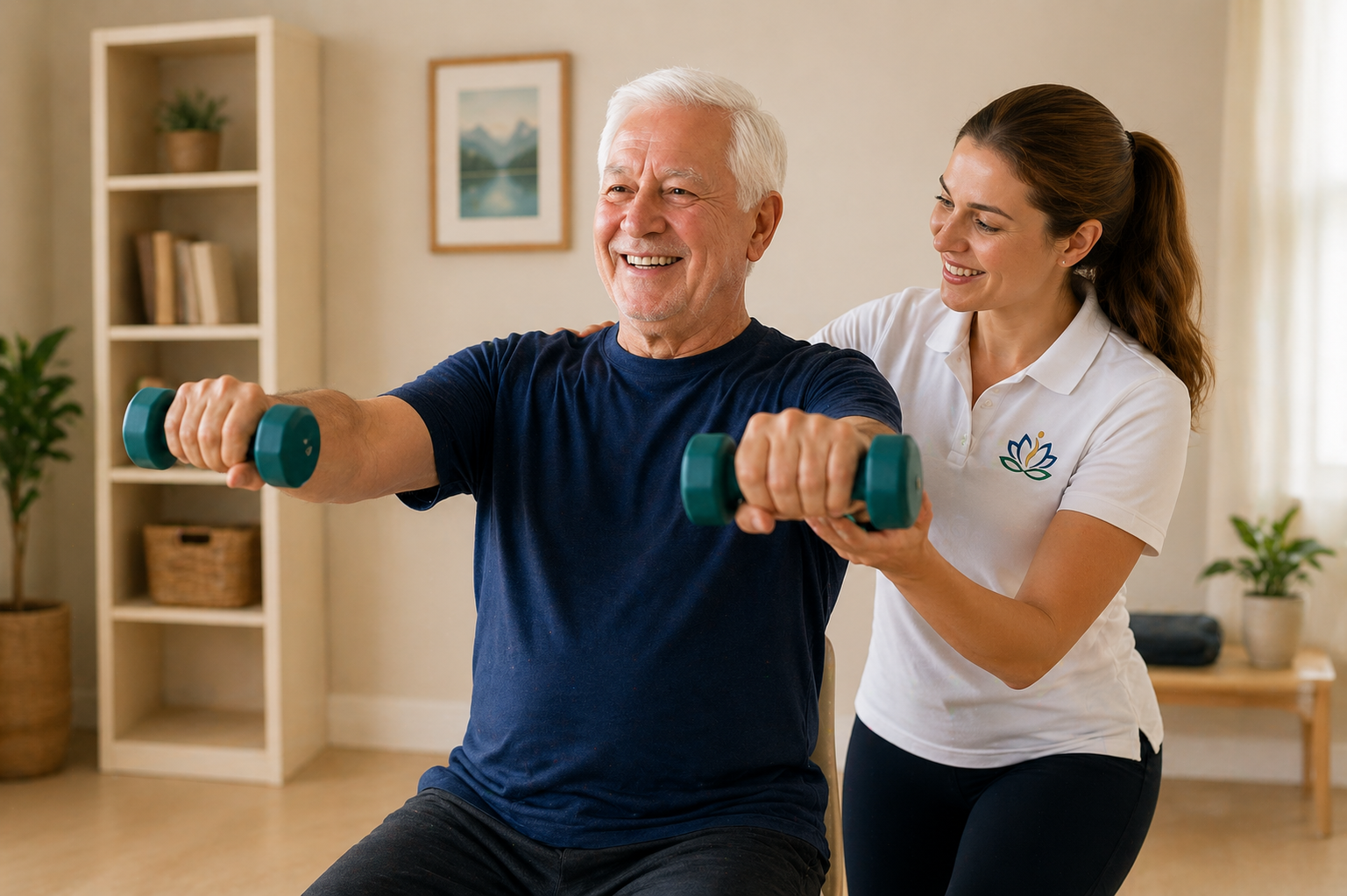 Lotus Integrated Care physiotherapist supporting an elderly patient with dumbbell rehabilitation at home